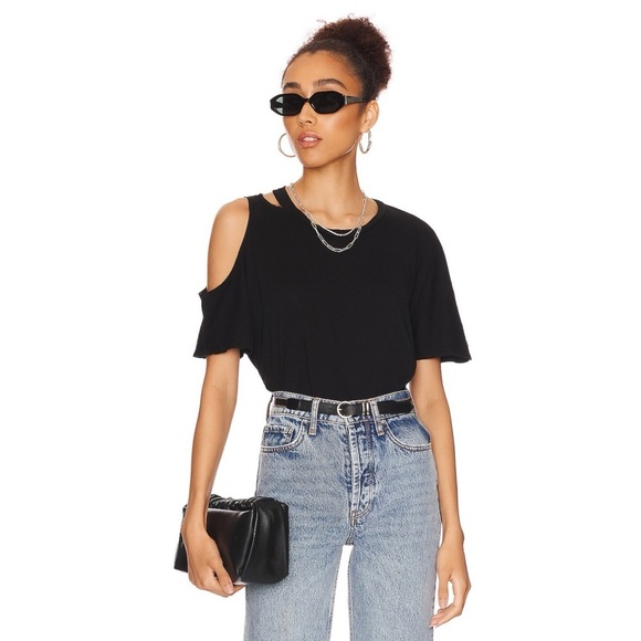 Michael Lauren Relaxed Fit Verdugo Crew Neck Tee with Cutout Sleeve in Black L - Picture 1 of 10
